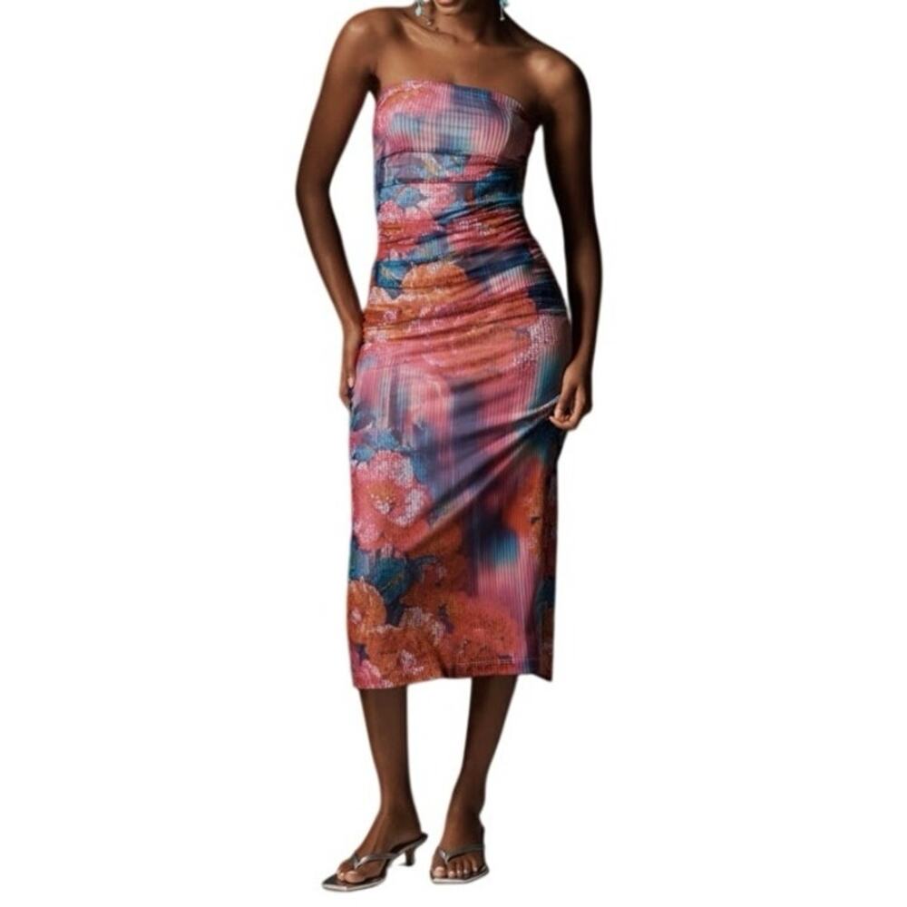 Anthropologie The Soleil Slim Strapless Ruched Mesh Dress NEW